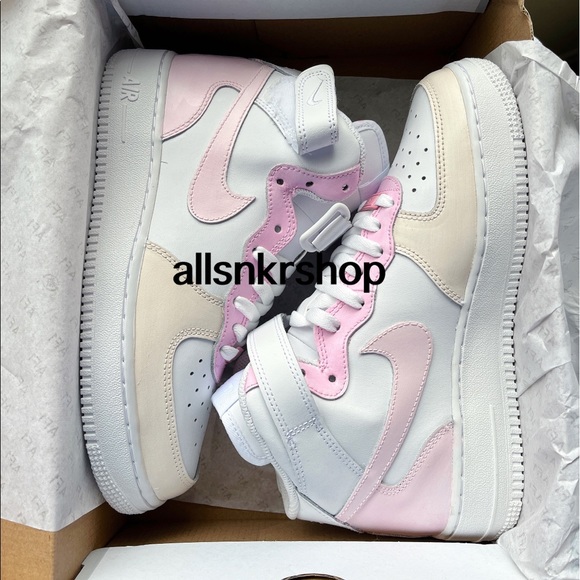 Nike air force mid custom biege cream pink women fashion shoes